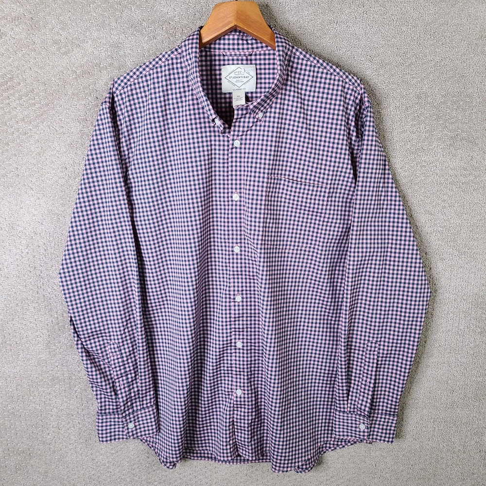 St Johns Bay Shirt Mens XXL Pink Blue Gingham Plaid Classic Fit Polyester Button
